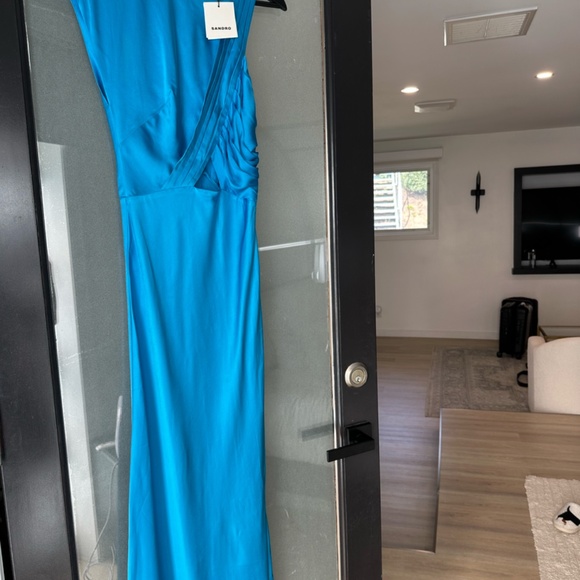 NWT Blue SANDRO Cut-out one-shoulder satin maxi dress - Picture 7 of 7